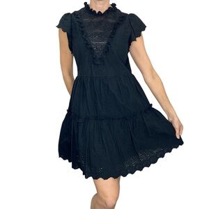 House of Harlow 1960 100% cotton black eyelet lace tiered boho mini dress M
